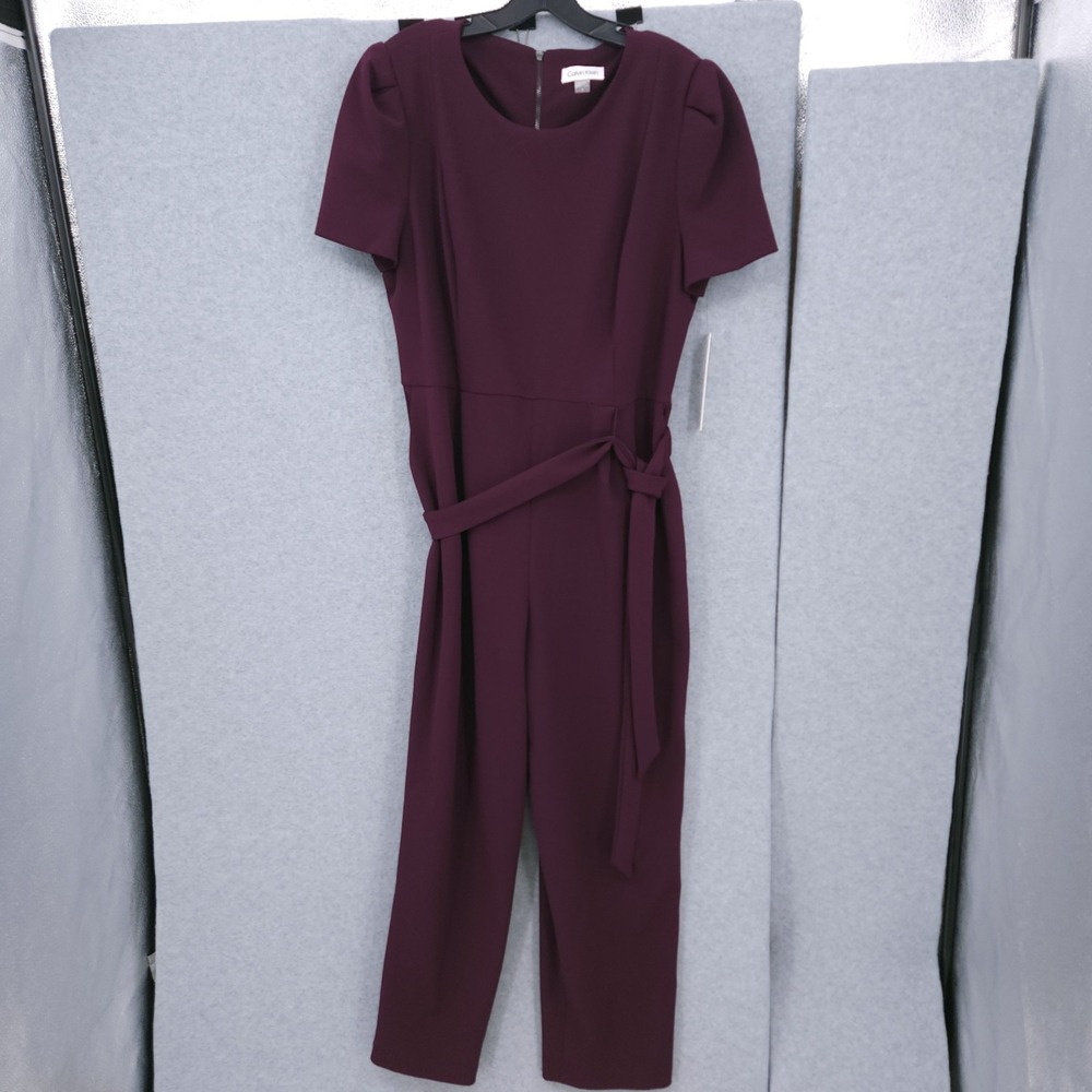 Calvin Klein Belted Short Sleeve Crewneck Aubergine Jumpsuit Women Size 16 READ